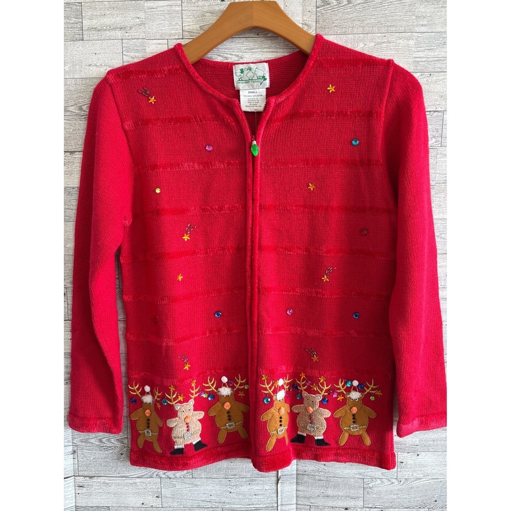 Christmas Cardigan Sweater Quacker Factory Red Ramie‎ Velvet Reindeer Small NEW